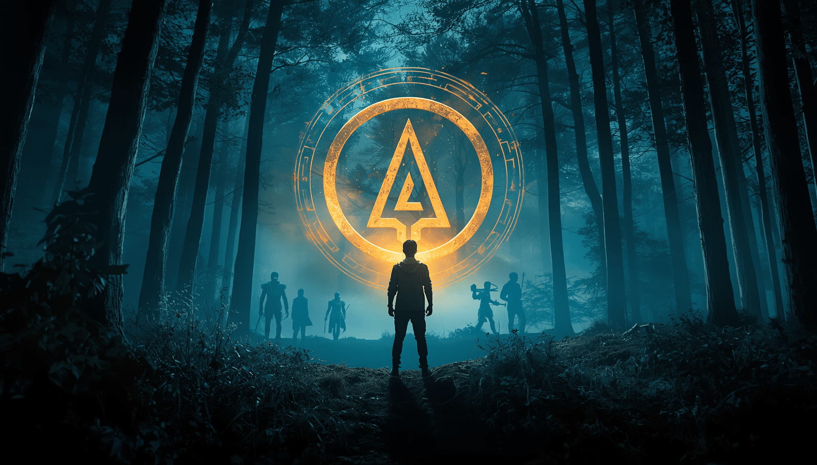 Bryce Hillcrest stands before a glowing Atlantian symbol in a dark forest, representing the themes of survival and self-discovery in The Atlantian Chronicles: Fight for Survival.