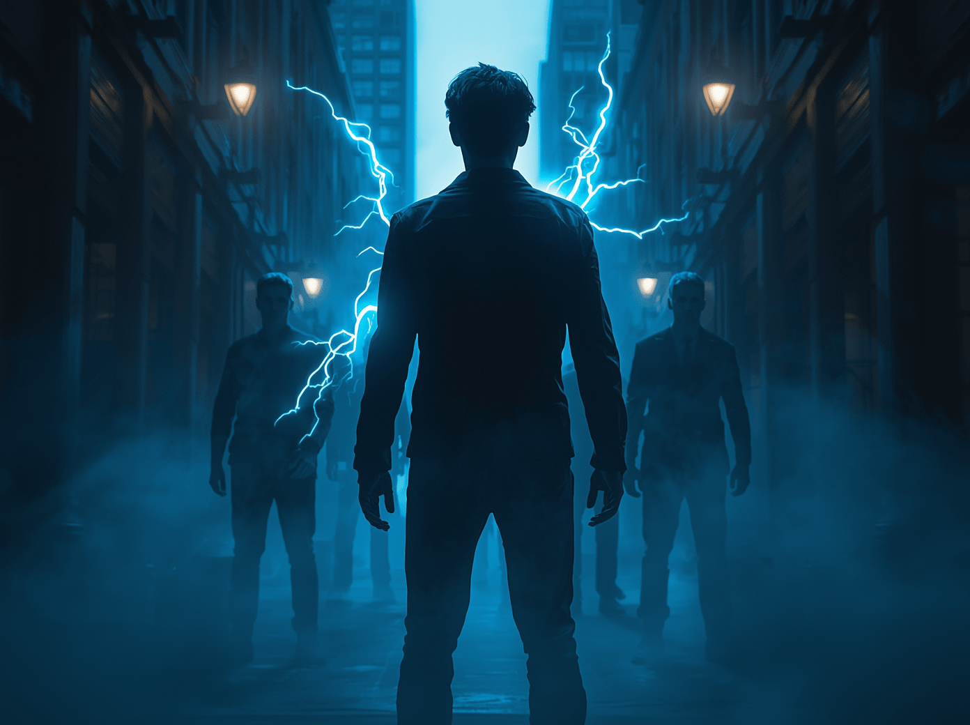 A teenage male hero stands in a foggy dark city alley with glowing blue energy behind him and shadowy figures watching from the background.