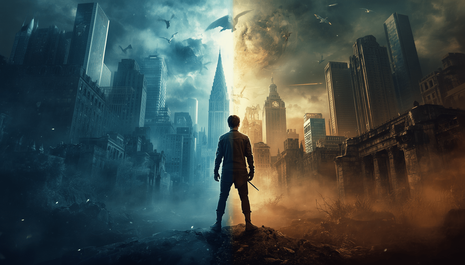 A teenage hero stands between a modern city and a mythical world, symbolizing the blend of fantasy, suspense, and adventure in YA fantasy thrillers.